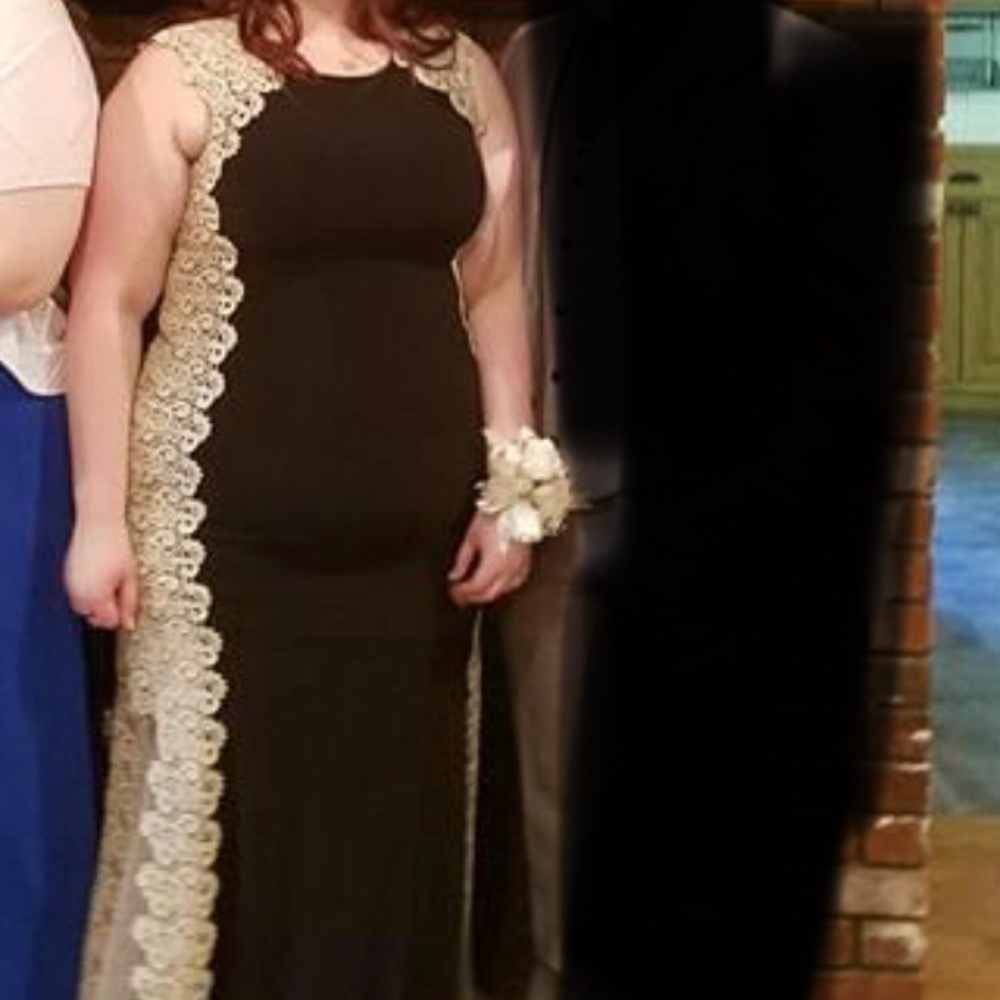Black and Cream Dress with Gold Lace Detail and Sheer side Panels